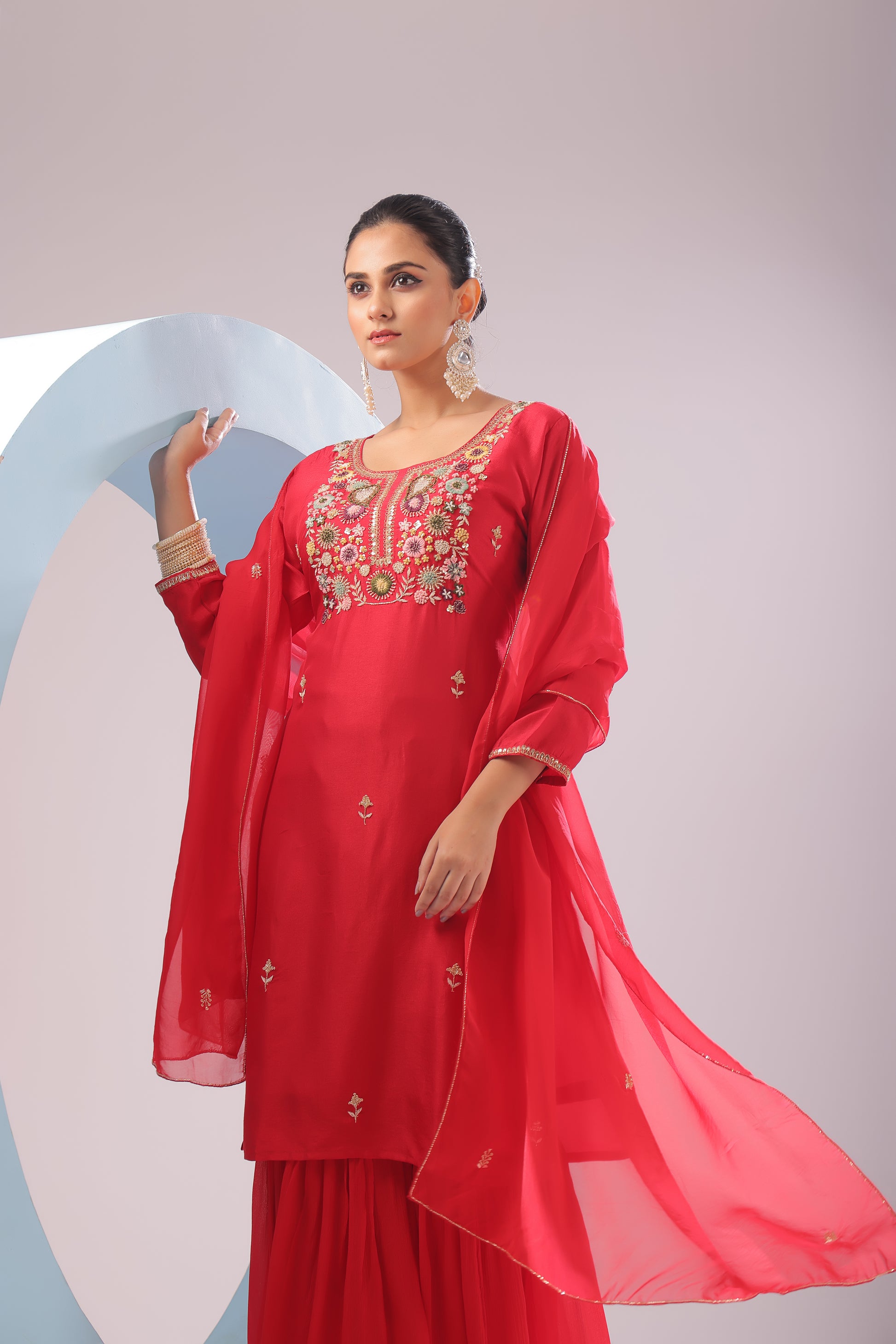 PF8584A Red Ethnic Clothing Festive Collection fresh Release Hand Embroidery Kurta Sets Shararas Silk