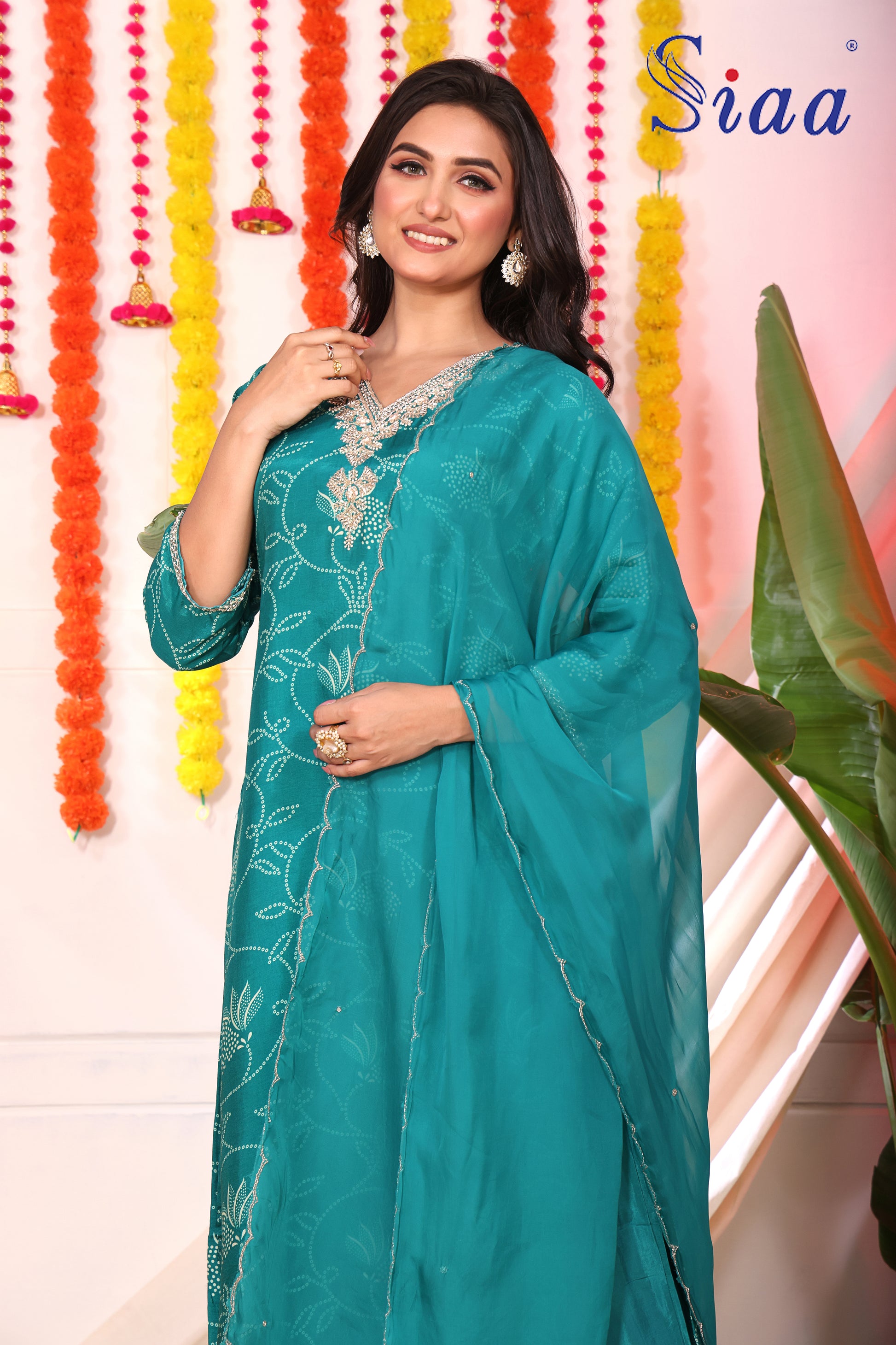 PF8636 - Green , , Ethnic Clothing Festive Collection Hand Embroidery Kurta Sets Printed Silk