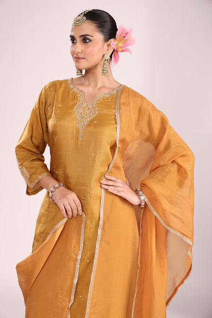 Organza Silk Kurti Set with Pant & Dupatta – Hand Embroidery, 3 Pc