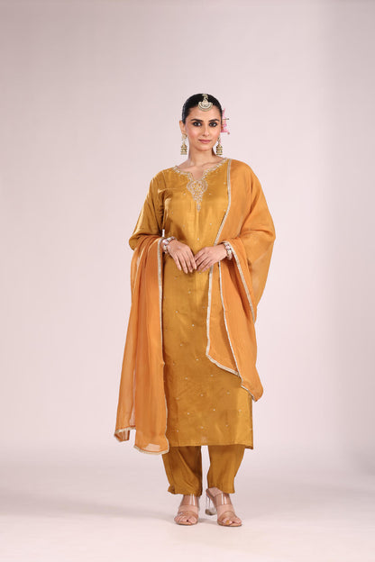 Organza Silk Kurti Set with Pant & Dupatta – Hand Embroidery, 3 Pc
