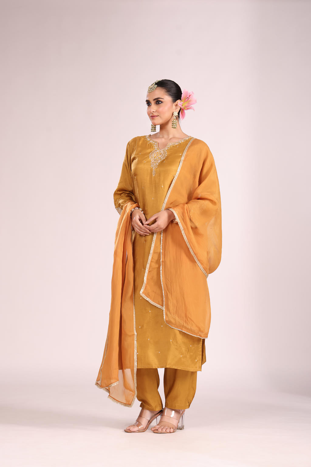 Organza Silk Kurti Set with Pant & Dupatta – Hand Embroidery, 3 Pc