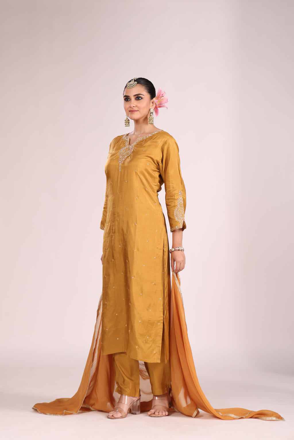 Organza Silk Kurti Set with Pant & Dupatta – Hand Embroidery, 3 Pc