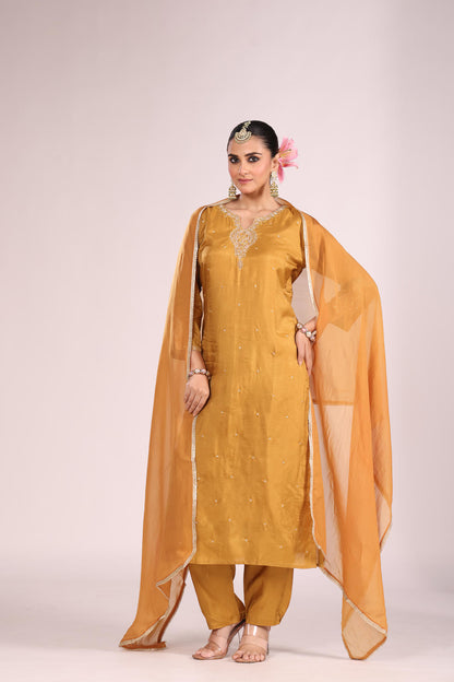 Organza Silk Kurti Set with Pant & Dupatta – Hand Embroidery, 3 Pc