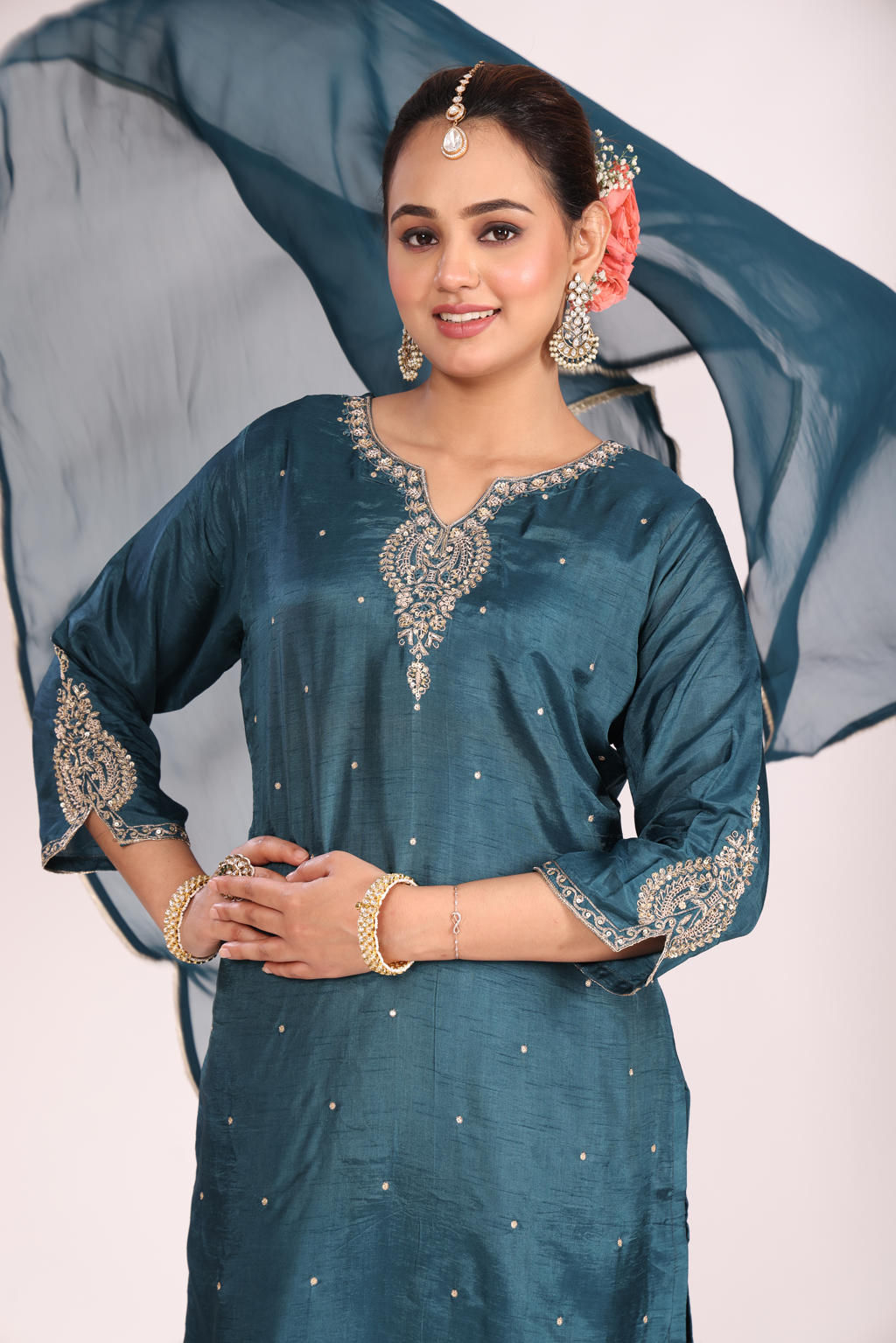Organza Silk Kurti Set with Pant & Dupatta – Hand Embroidery, 3 Pc
