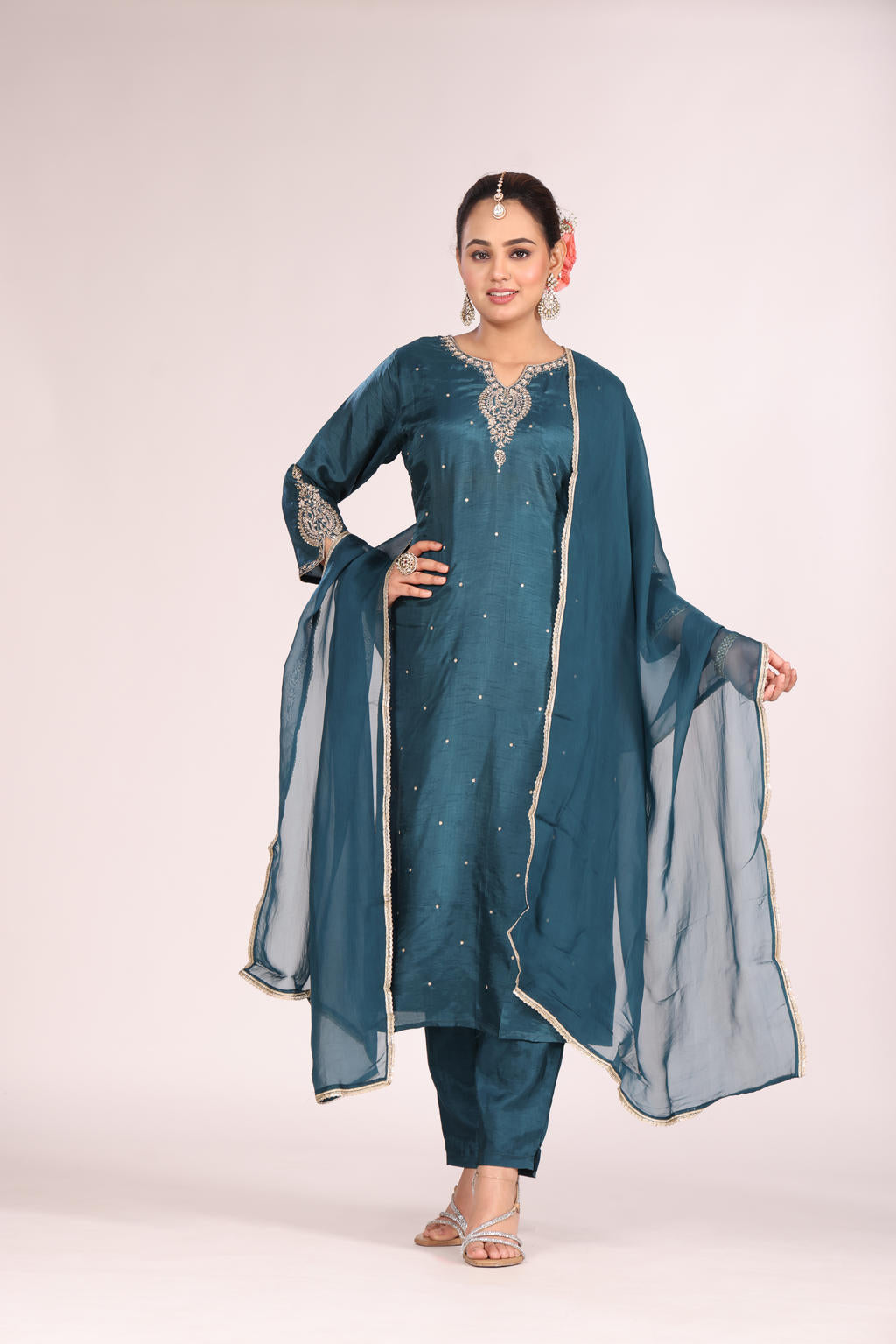 Organza Silk Kurti Set with Pant & Dupatta – Hand Embroidery, 3 Pc