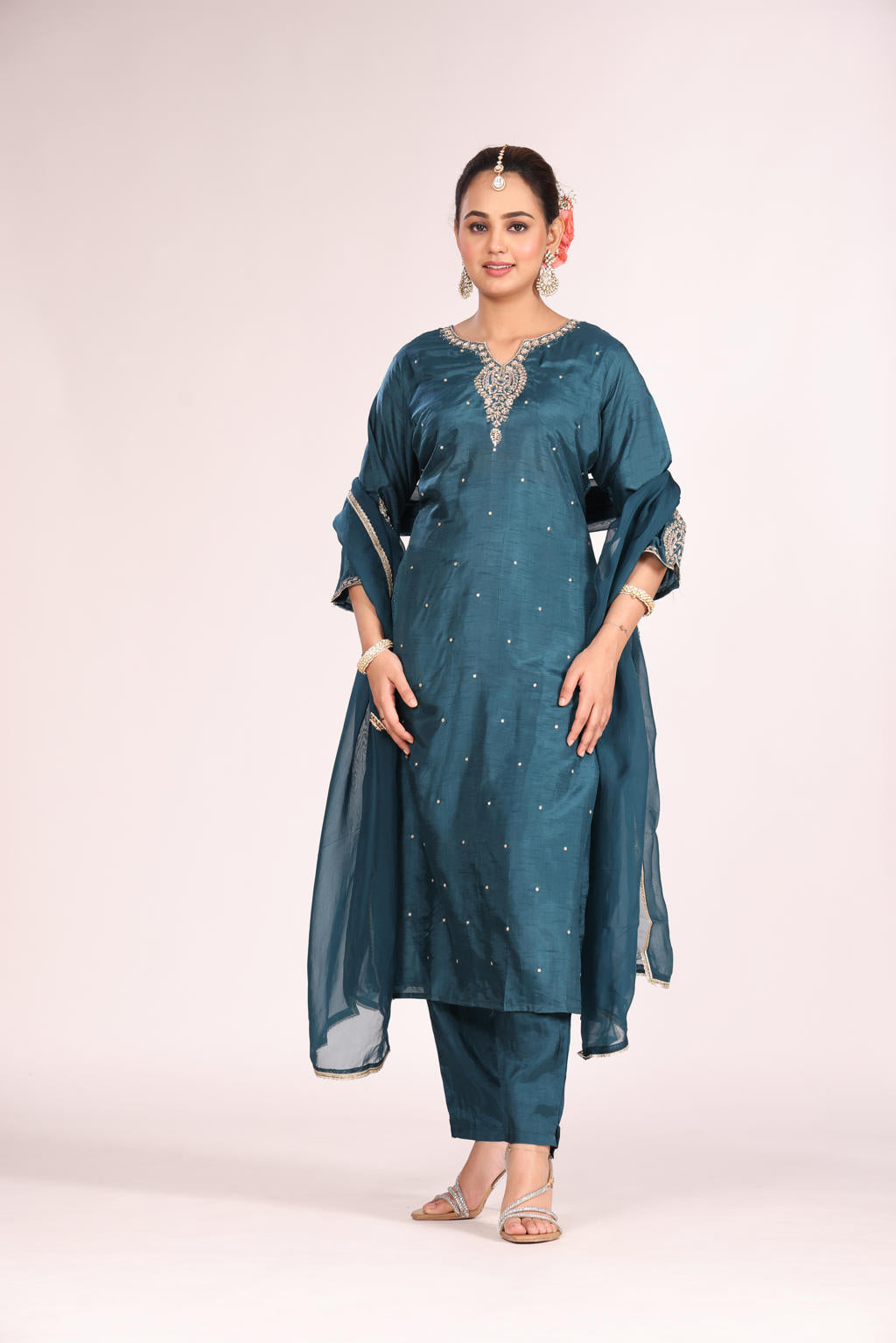 Organza Silk Kurti Set with Pant & Dupatta – Hand Embroidery, 3 Pc