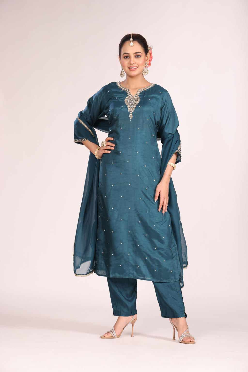 Organza Silk Kurti Set with Pant & Dupatta – Hand Embroidery, 3 Pc
