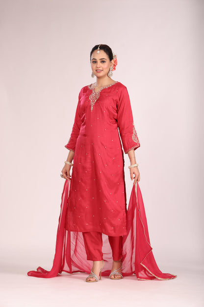 Organza Silk Kurti Set with Pant & Dupatta – Hand Embroidery, 3 Pc