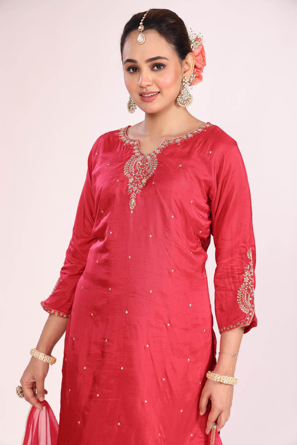 Organza Silk Kurti Set with Pant & Dupatta – Hand Embroidery, 3 Pc
