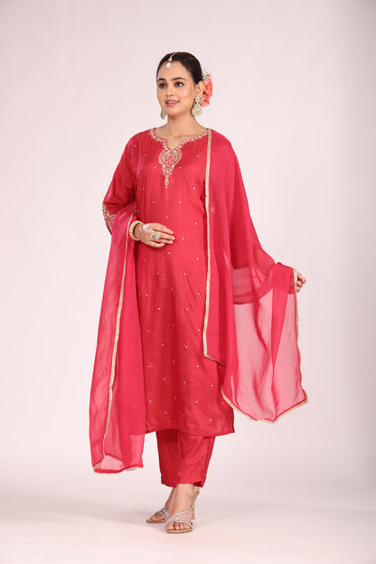 Organza Silk Kurti Set with Pant & Dupatta – Hand Embroidery, 3 Pc