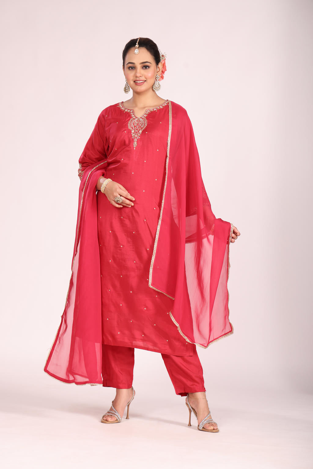 Organza Silk Kurti Set with Pant & Dupatta – Hand Embroidery, 3 Pc