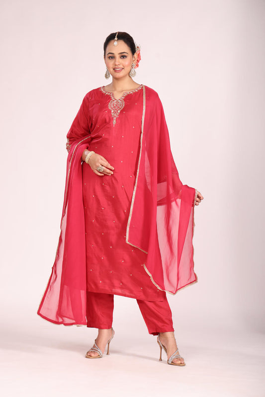 Organza Silk Kurti Set with Pant & Dupatta – Hand Embroidery, 3 Pc