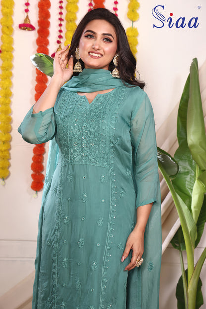 PF8642 Green Ethnic Clothing Festive Collection Hand Embroidery Kurta Sets Printed Silk