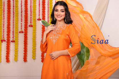 PF8645 Orange Ethnic Clothing Festive Collection Hand Embroidery Kurta Sets Silk