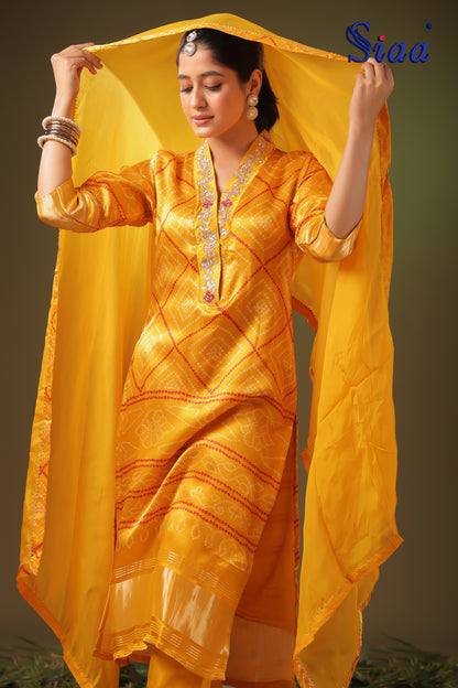 PF8653 - Yellow , , Bandhej Ethnic Clothing Festive Collection fresh Release Hand Embroidery Kurta Sets Printed Silk Trending Collection