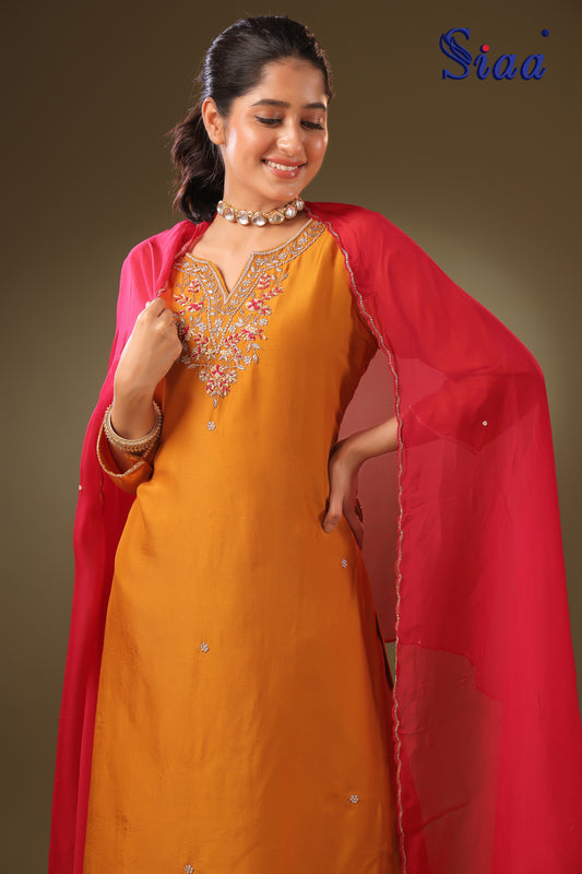 PF8662 - Orange , , Ethnic Clothing Festive Collection fresh Release Hand Embroidery Kurta Sets Silk Trending Collection