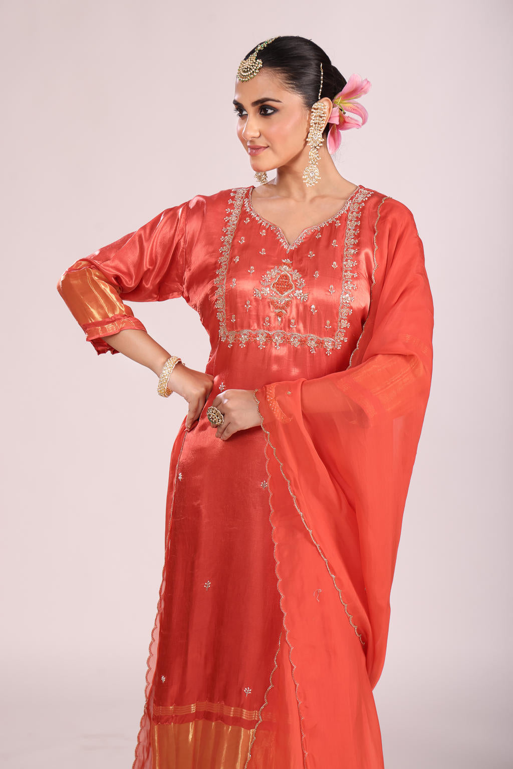 Organza Silk Kurti Set with Pant & Dupatta – Hand Embroidery, 3 Pc