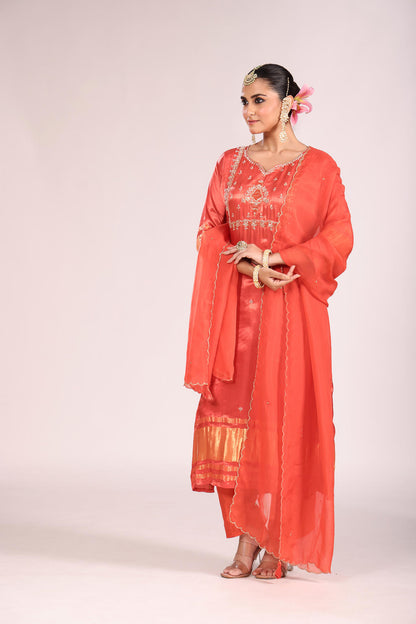Organza Silk Kurti Set with Pant & Dupatta – Hand Embroidery, 3 Pc