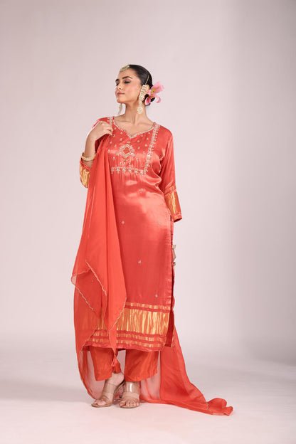 Organza Silk Kurti Set with Pant & Dupatta – Hand Embroidery, 3 Pc