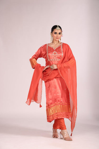 Organza Silk Kurti Set with Pant & Dupatta – Hand Embroidery, 3 Pc