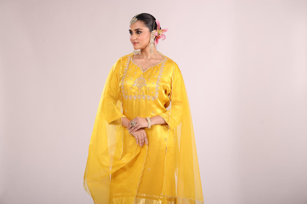 Organza Silk Kurti Set with Pant & Dupatta – Hand Embroidery, 3 Pc