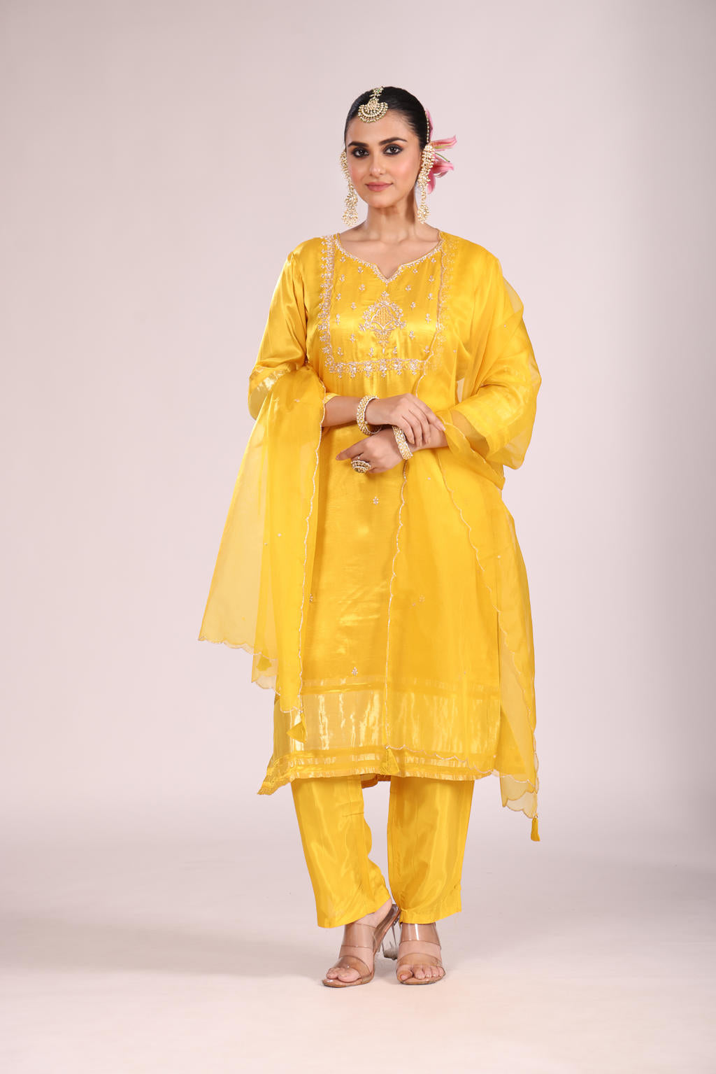 Organza Silk Kurti Set with Pant & Dupatta – Hand Embroidery, 3 Pc