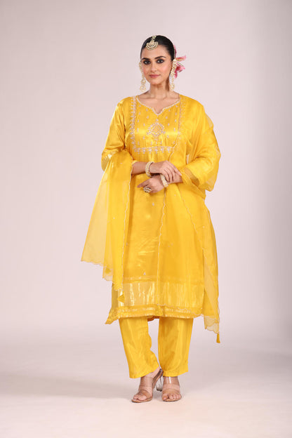 Organza Silk Kurti Set with Pant & Dupatta – Hand Embroidery, 3 Pc