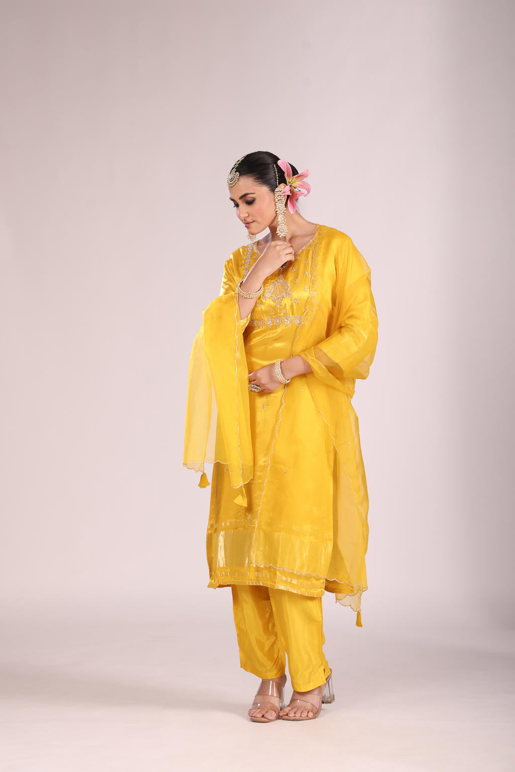 Organza Silk Kurti Set with Pant & Dupatta – Hand Embroidery, 3 Pc
