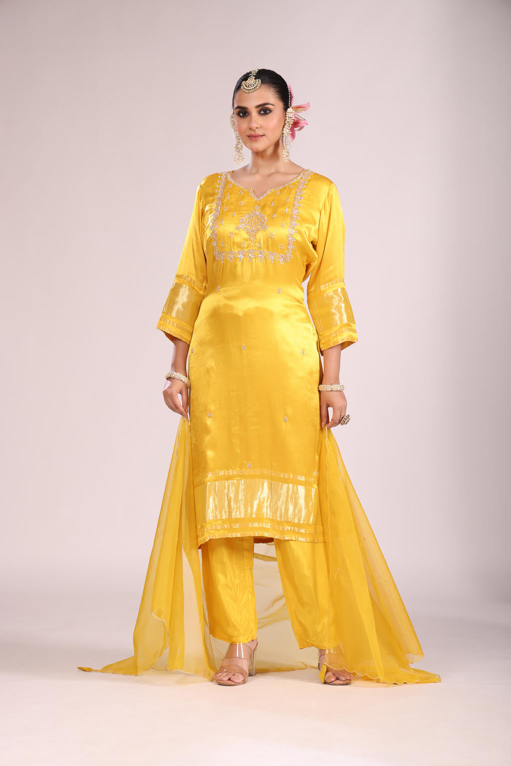Organza Silk Kurti Set with Pant & Dupatta – Hand Embroidery, 3 Pc