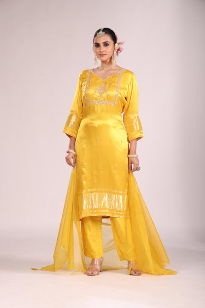 Organza Silk Kurti Set with Pant & Dupatta – Hand Embroidery, 3 Pc