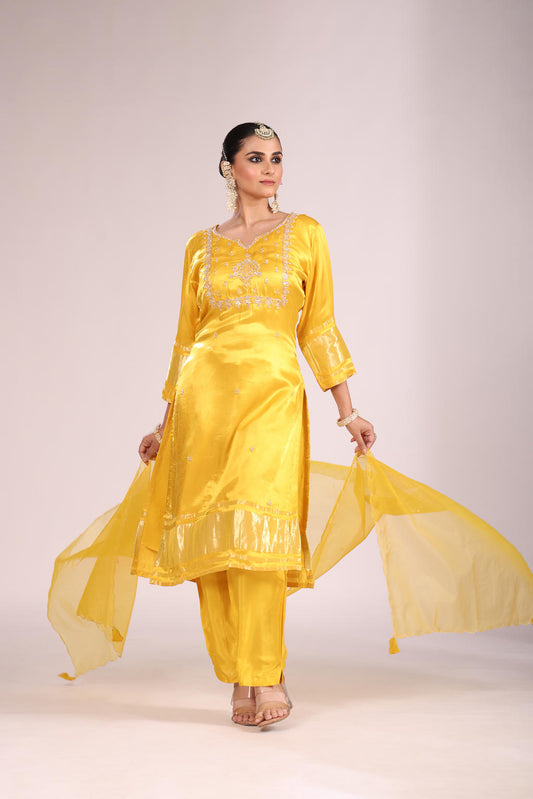 Organza Silk Kurti Set with Pant & Dupatta – Hand Embroidery, 3 Pc