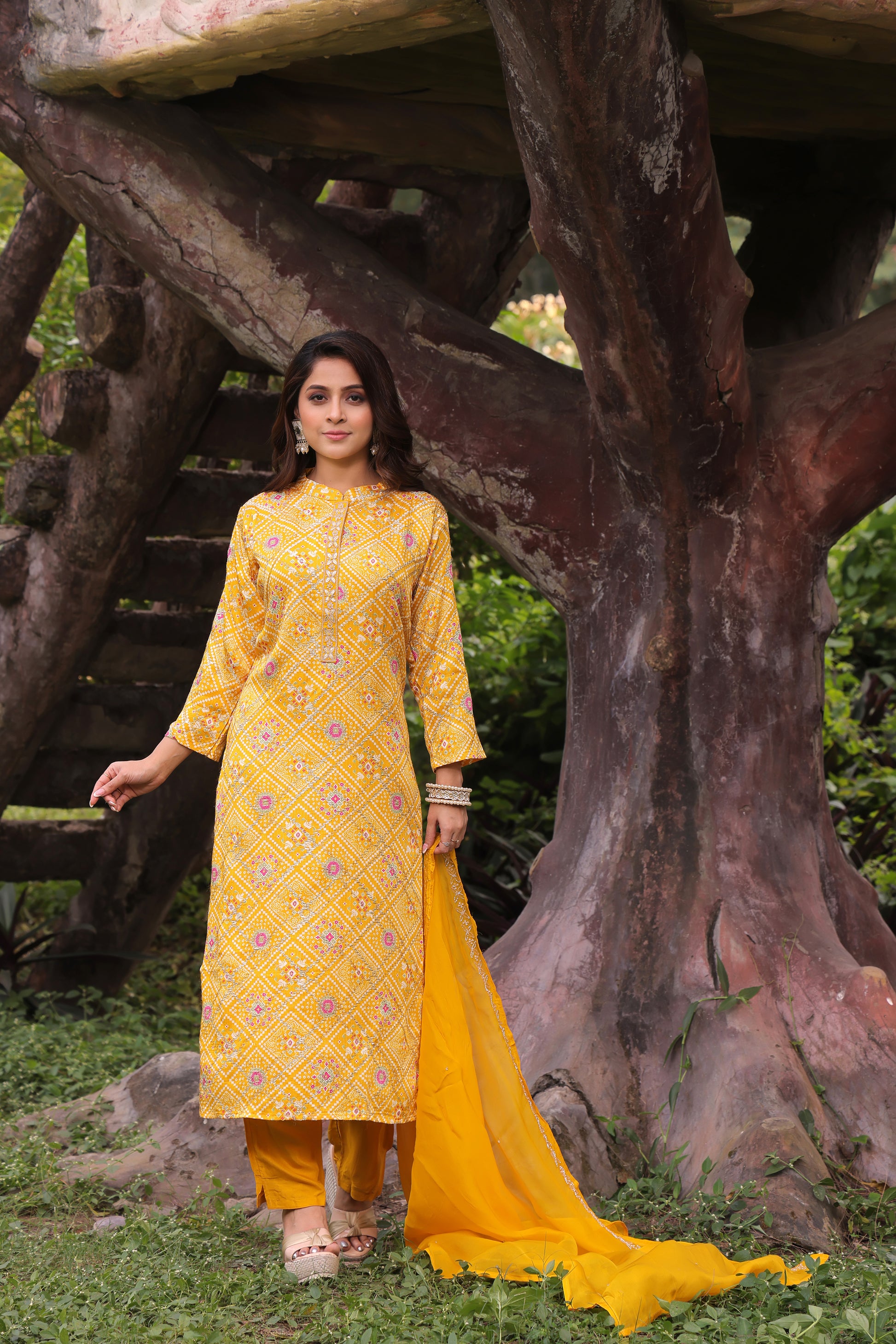 PF8691 - Yellow , Kurta , Bandhej Ethnic Clothing Festive Collection fresh Release Hand Embroidery Kurta Sets Printed Silk Trending Collection