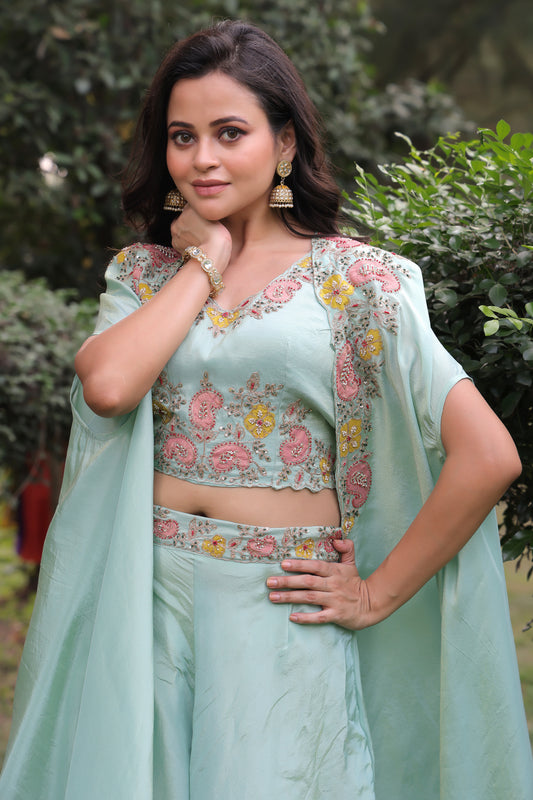 PF8698 sea green Kurta Cocktail Collection Contemporary Clothing Cord Sets Festive Collection fresh Release Hand Embroidery Indo-Western Shararas Silk Trending Collection