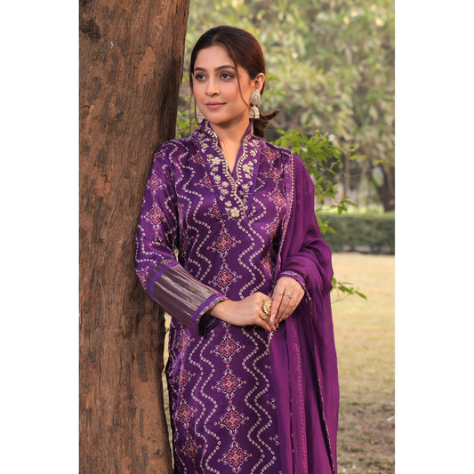 PF8702 Purple Kurta Bandhej Ethnic Clothing Festive Collection fresh Release Hand Embroidery Kurta Sets Leheria Printed Silk