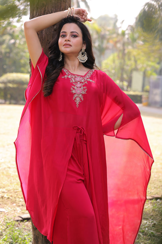 PF8706 - cherry , Kurta , Cocktail Collection Contemporary Clothing Ethnic Clothing Festive Collection fresh Release Hand Embroidery Indo-Western KAFTAN Kurta Sets Silk Trending Collection