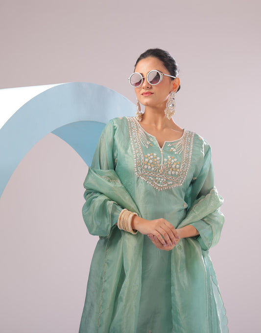 PF8707 - aqua , , Ethnic Clothing Festive Collection fresh Release Hand Embroidery Kurta Sets Silk