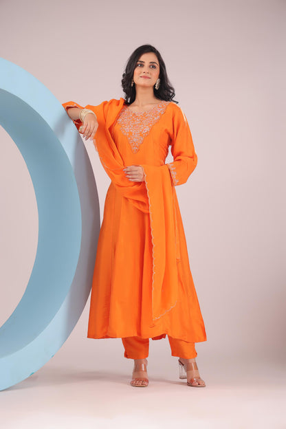 PF8719 Orange Anarkali Ethnic Clothing Festive Collection fresh Release Hand Embroidery Kurta Sets Silk