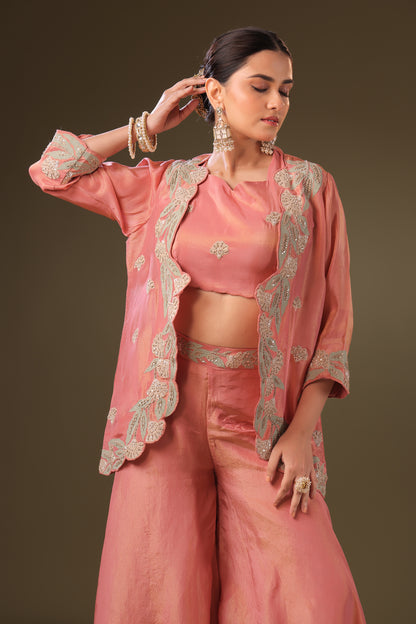 PF8747 - peach , , Brocade Cocktail Collection Contemporary Clothing Cord Sets Festive Collection fresh Release Hand Embroidery Indo-Western Silk Trending Collection