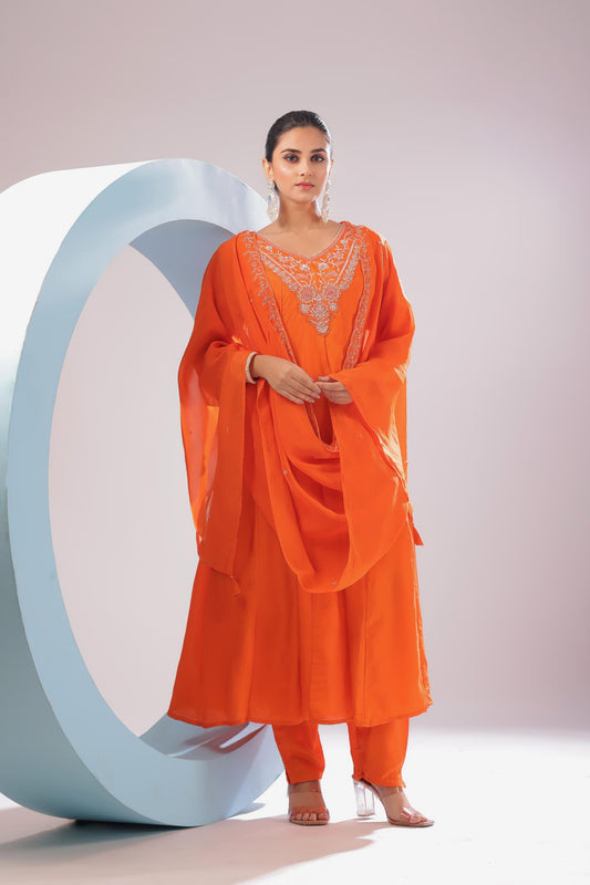 PF8758 - Orange , , Anarkali Ethnic Clothing Festive Collection fresh Release Hand Embroidery Kurta Sets Silk Trending Collection