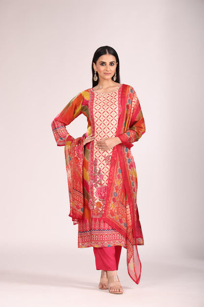 Rani Silk Kurti Set with Pant & Dupatta – Printed, 3 Pc