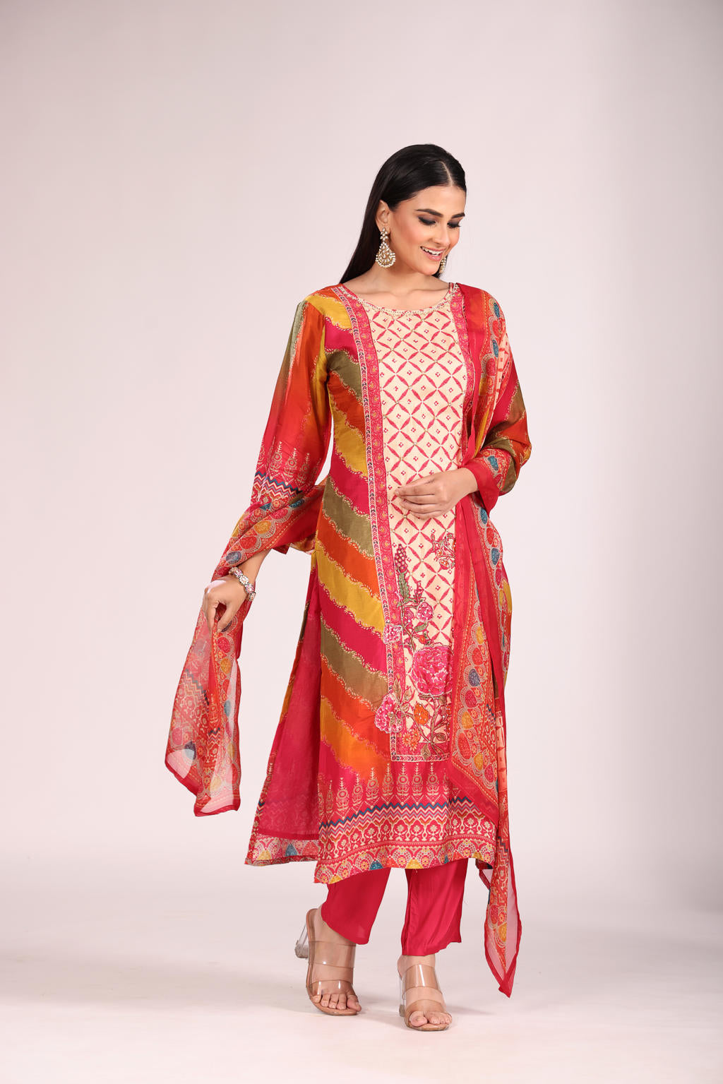 Rani Silk Kurti Set with Pant & Dupatta – Printed, 3 Pc