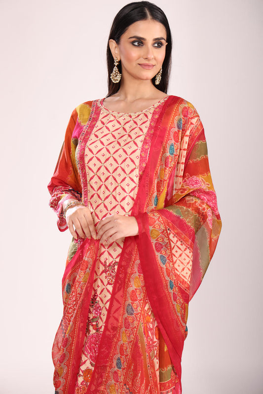 Rani Silk Kurti Set with Pant & Dupatta – Printed, 3 Pc