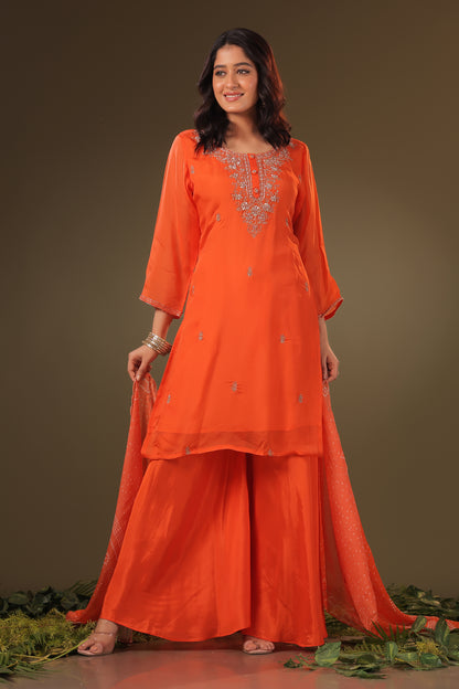 PF8765A - Orange , , Ethnic Clothing Festive Collection fresh Release Hand Embroidery Kurta Sets Shararas Silk Trending Collection