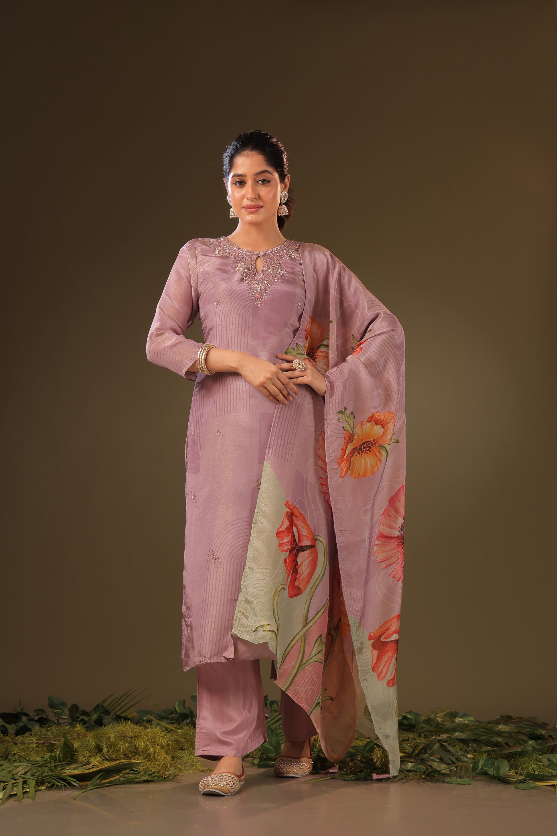 PF8767 - mauve , , Ethnic Clothing Festive Collection fresh Release Hand Embroidery Kurta Sets Printed Silk