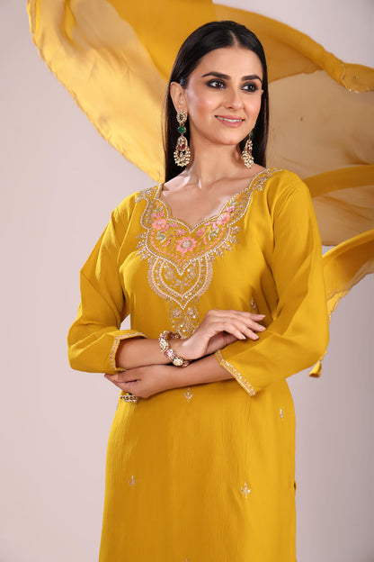 Mustard Organza Silk Kurti Set with Sharara & Dupatta – Hand Embroidery, 3 Pc