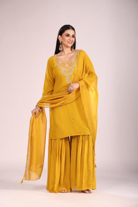 Mustard Organza Silk Kurti Set with Sharara & Dupatta – Hand Embroidery, 3 Pc