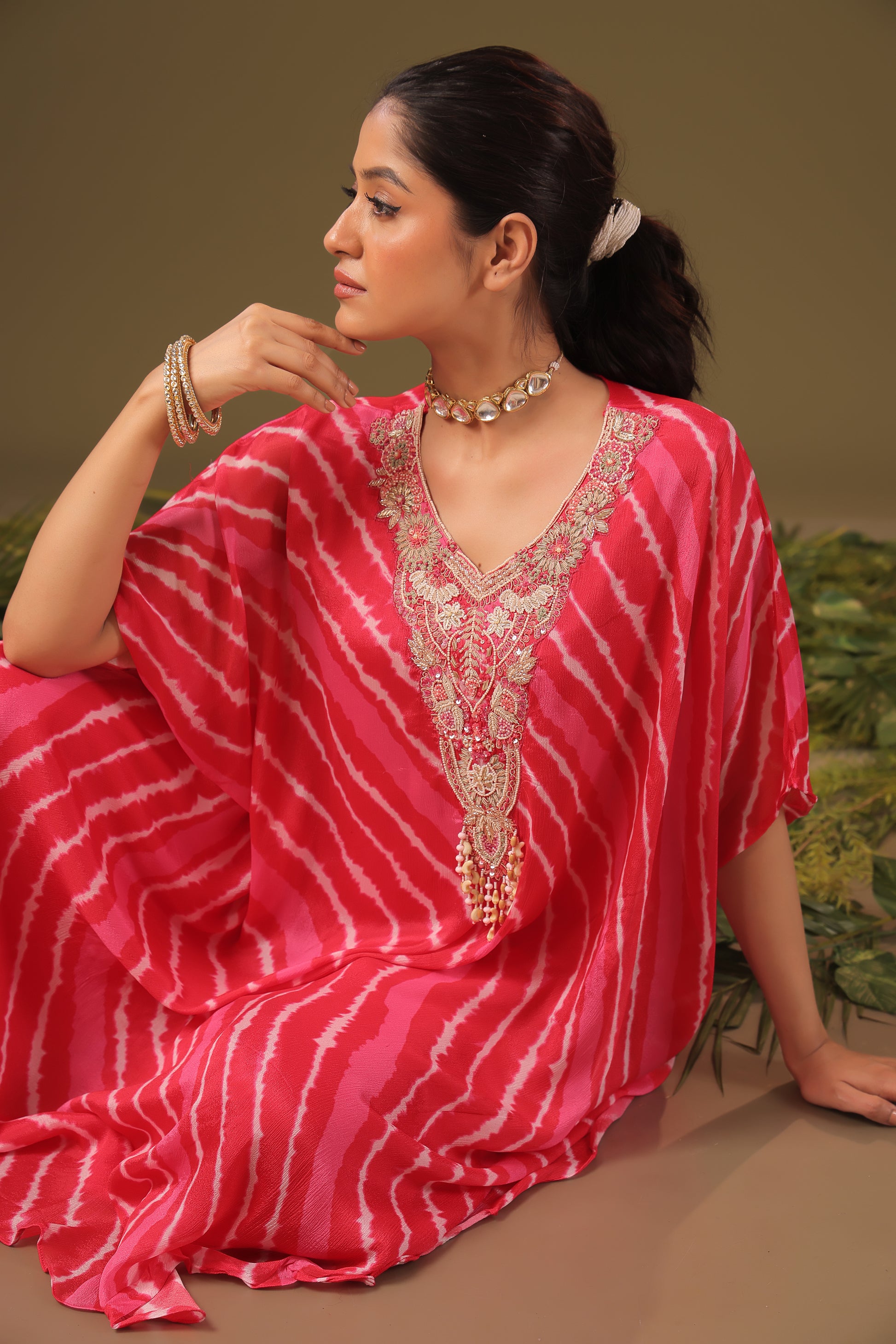 PF8785 - rani , , Bandhej Ethnic Clothing Festive Collection fresh Release Hand Embroidery Indo-Western KAFTAN Kurta Sets Printed Silk Trending Collection