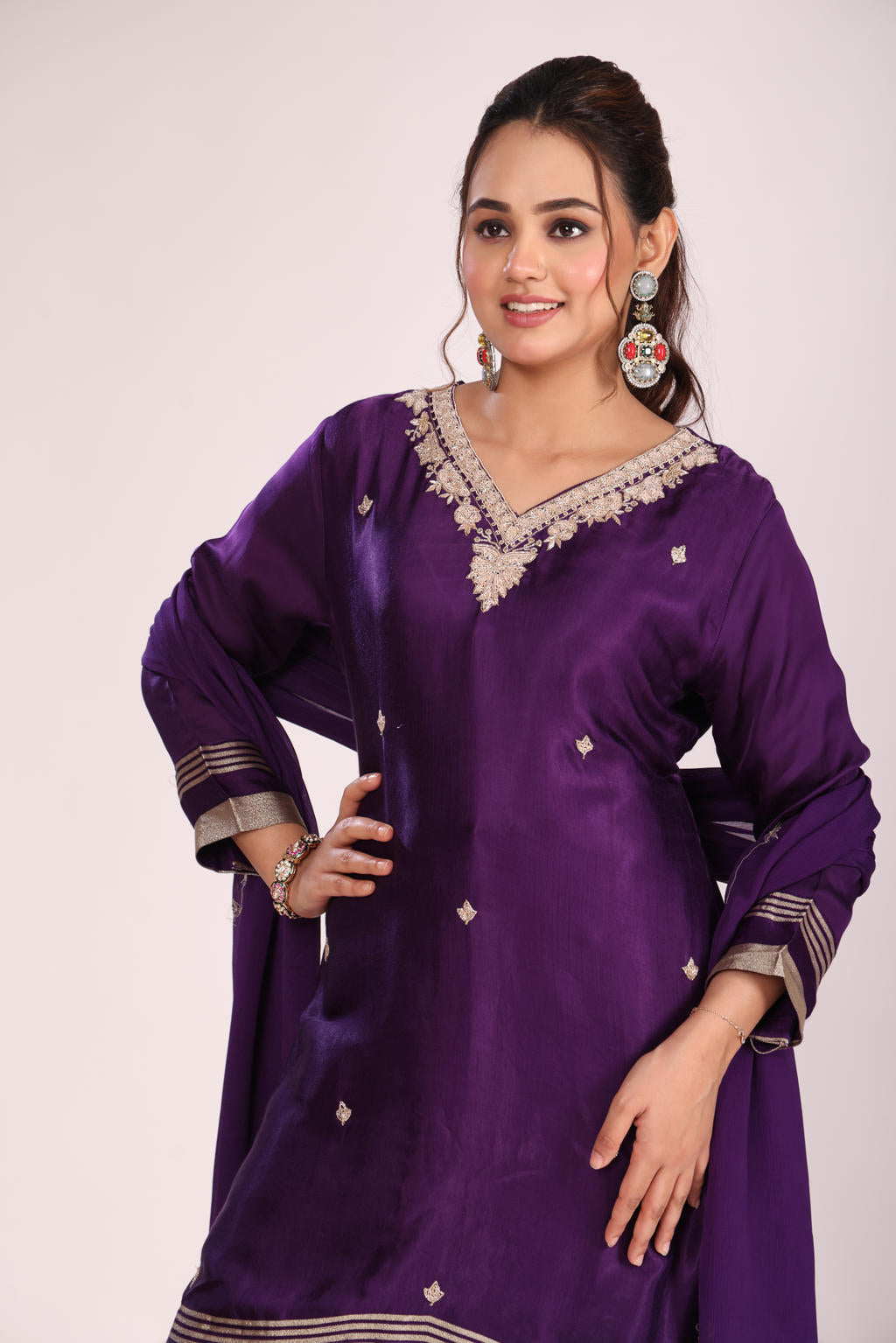Chinnon Silk Kurti Set with Sharara & Dupatta – Hand Embroidery, 3 Pc