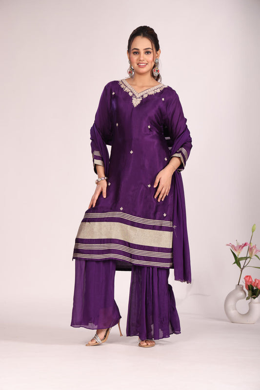 Chinnon Silk Kurti Set with Sharara & Dupatta – Hand Embroidery, 3 Pc