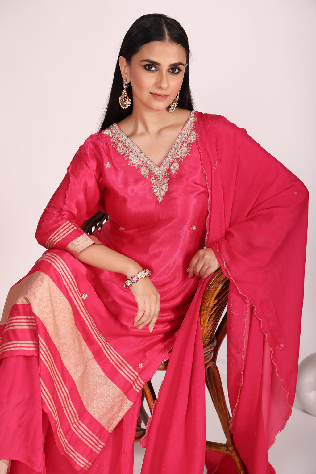 Chinnon Silk Kurti Set with Sharara & Dupatta – Hand Embroidery, 3 Pc